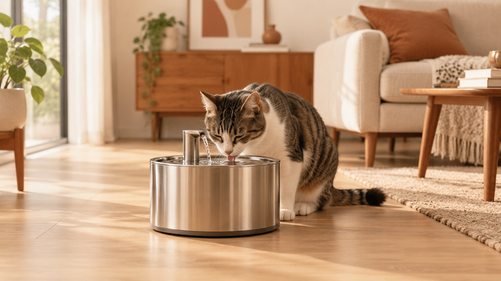 Cat drinking from a stainless steel water fountain in a modern home