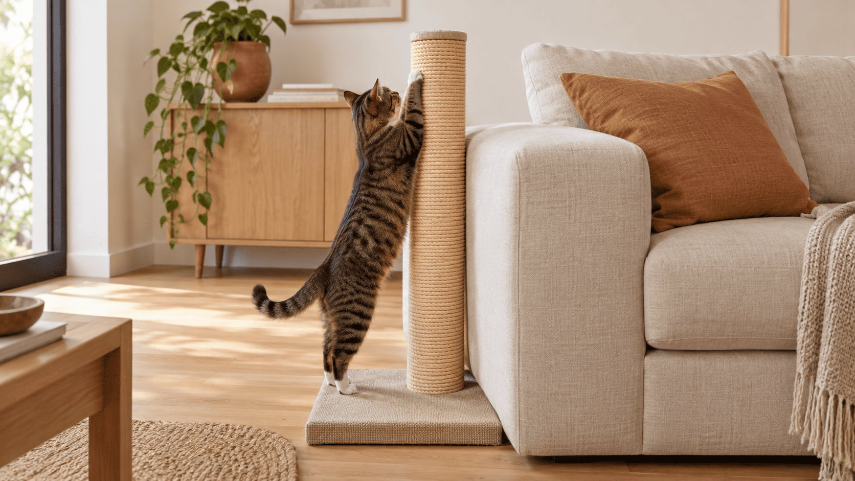 Modern cat scratching post for furniture protection beside sofa